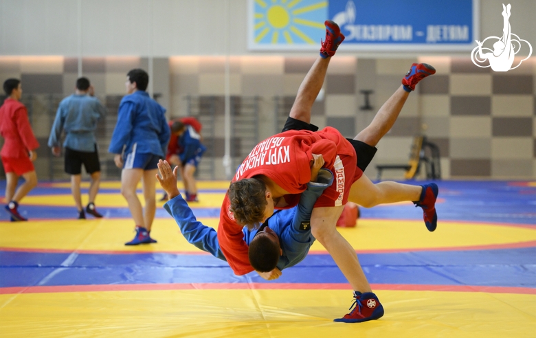 Участники сборов во время тренировки в Академии единоборств