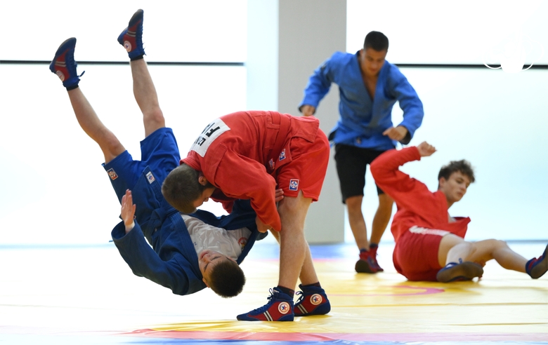 Участники сборов во время тренировки в Академии единоборств